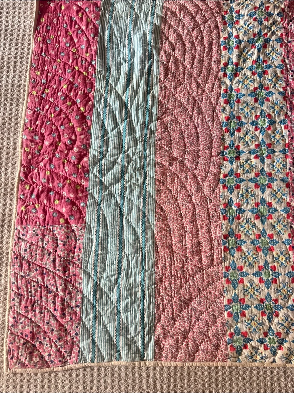 Antique 1940 handmade Striped Patchwork Quilt in Pink, Blue, Cream and Brown